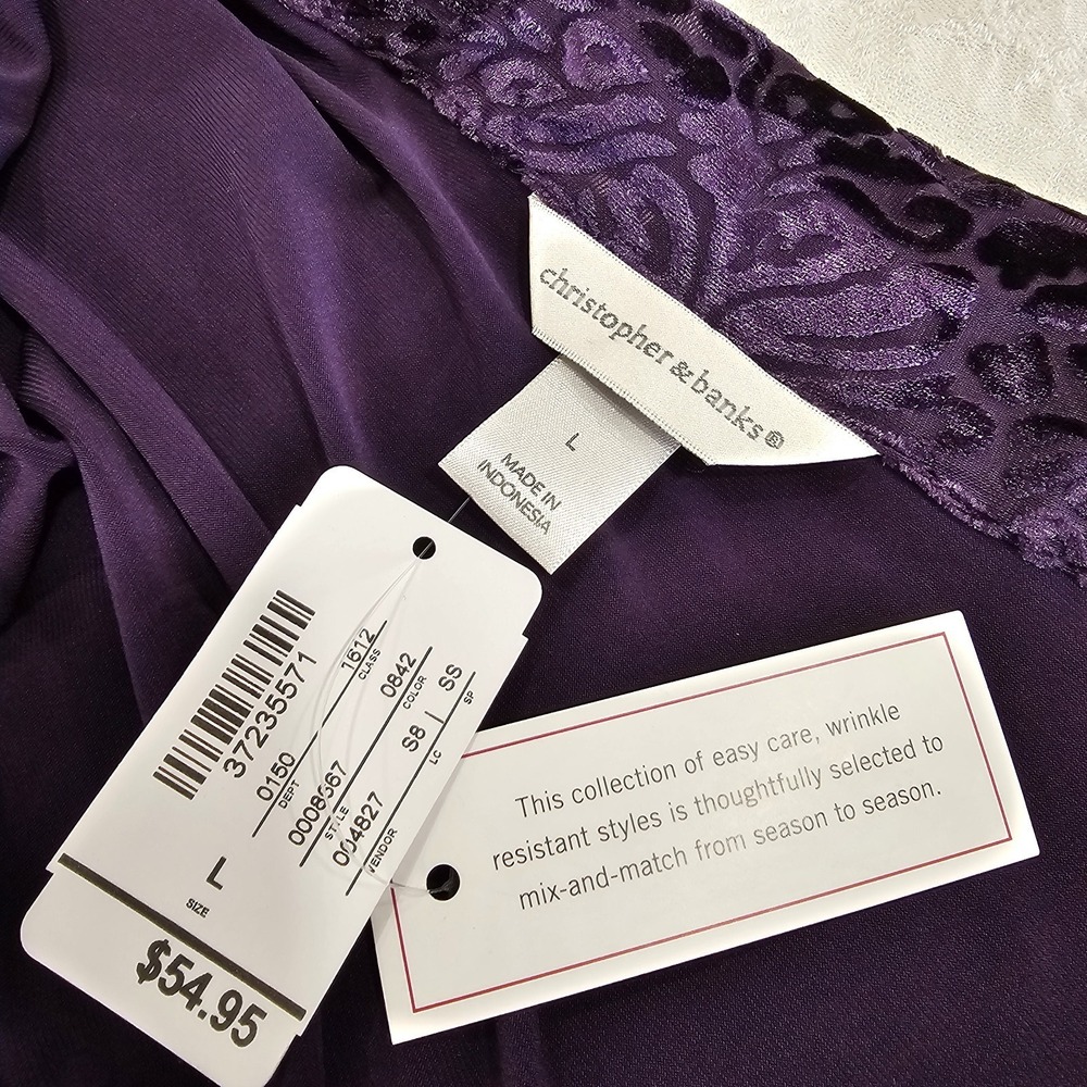 Christopher & Banks Purple Open Front Cardigan L NWT Burnout Velvet Trim Long Sl - Picture 8 of 14